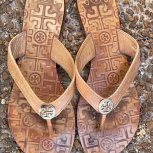 Tory Burch Tan Logo Flip Flops